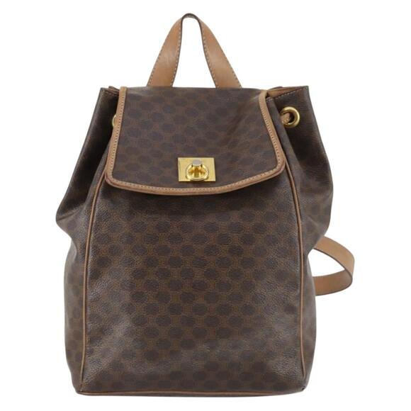 CELINE Macadam Canvas Backpack PVC Leather Brown Gold Auth 144490